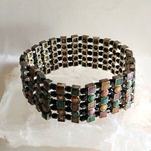VINTAGE ENAMEL GREEN GOLD STRATCHED BRACELET FACETED GLASS  1" WIDE